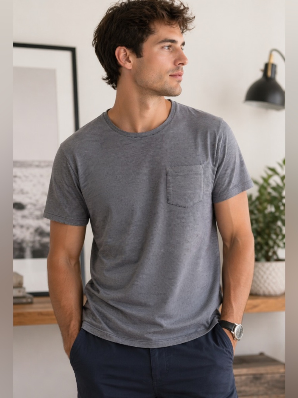 Bombas Pima Cotton Pocket Tee Medium Gray Stripe Unisex Soft Luxe